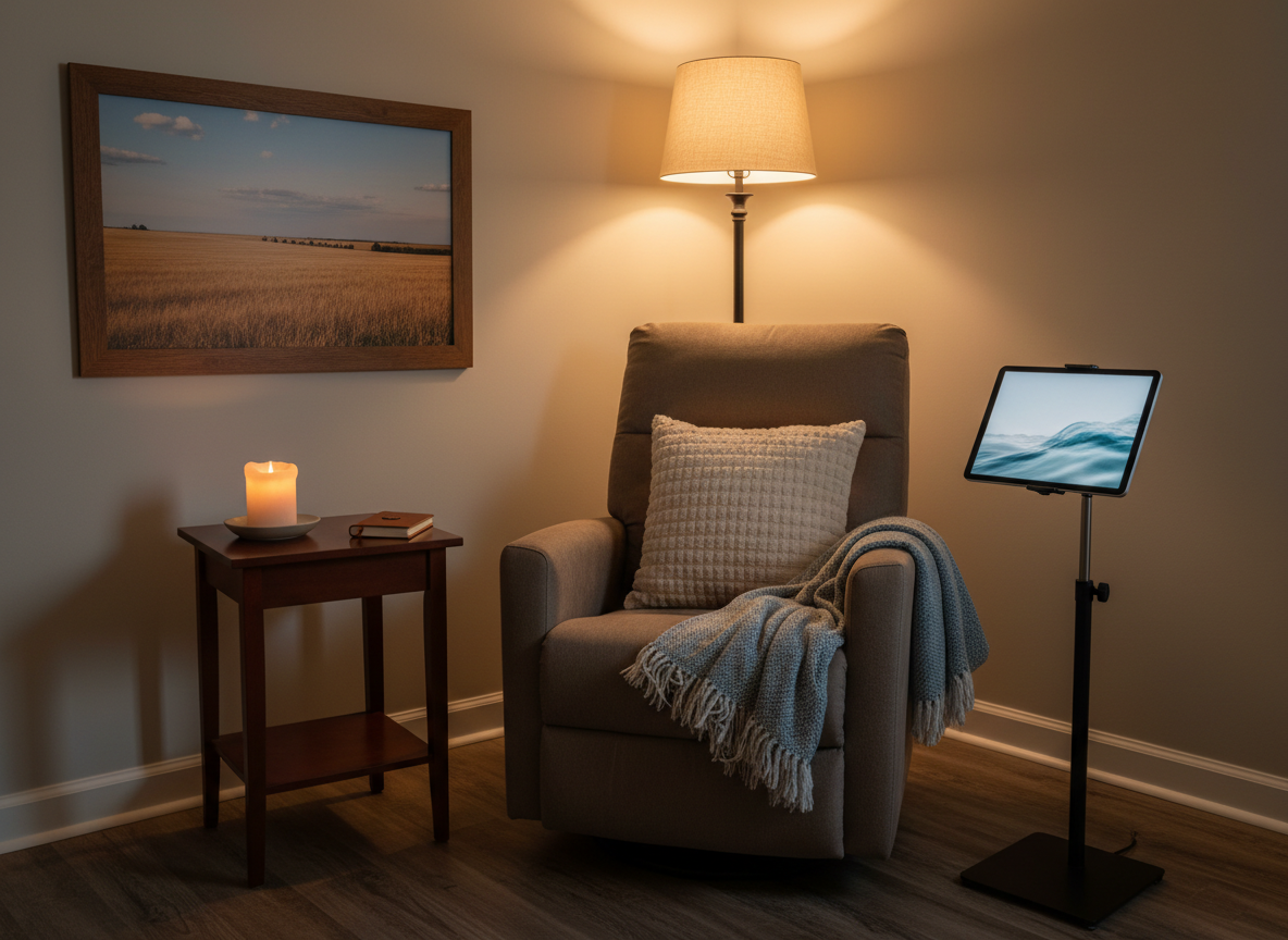 A serene corner of a home styled for end-of-life support through telepsychology: a reclining chair with a plush pillow and soft throw, a wooden side table with an unlit candle, framed landscape art of Southern Illinois fields, and a tablet on a stand angled as if ready for a virtual session. Warm, low evening light from a shaded lamp casts gentle, elongated shadows and a subtle golden halo on the wall, creating a contemplative mood. Shot in photographic realism from a three-quarter angle, the composition balances open negative space with intimate details, evoking quiet comfort, respect, and emotional safety.