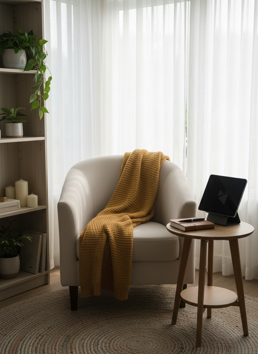 A tidy living room corner arranged for an online therapy session: a comfortable upholstered armchair with a cozy throw blanket folded over the back, a low side table holding a closed journal, a pen, and a tablet propped upright, its dark reflective screen hinting at a video platform. Soft diffused morning light enters through sheer curtains, illuminating the muted earth-tone rug and a nearby bookshelf with a few carefully placed plants and candles. Captured in photographic realism from a slightly elevated angle, the scene feels calm, orderly, and welcoming, emphasizing privacy and comfort for telepsychology without showing any people or text, just an inviting space ready for reflection.